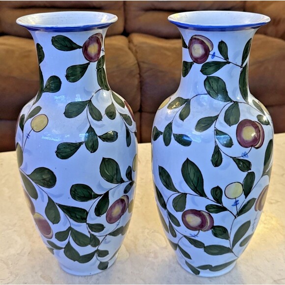 VTG Chinese Ceramic Vase, Purple Yellow Plums Buds Green  Chinese Ceramic Purple Yellow Plums Buds Green Leaves Chinoiserie 2 Vases VTG